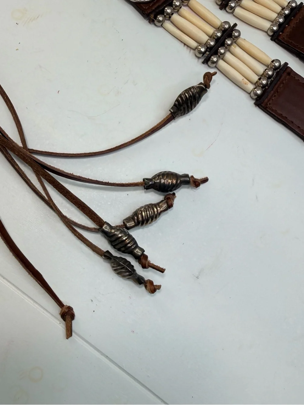Vintage Western Leather Concho Tie Belt Bone Beads Southwestern Handmade